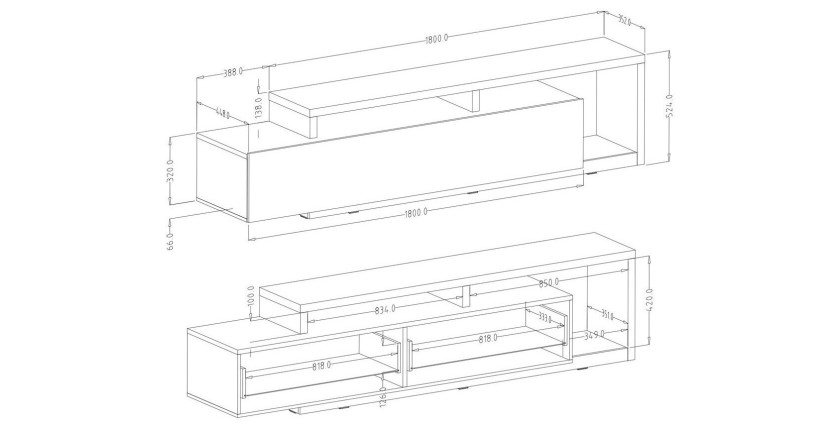 Meuble TV 220cm collection BERGAME. Coloris chêne et gris anthracite.