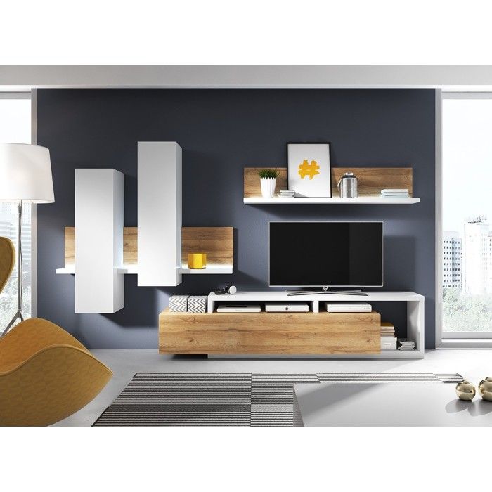 Étagère murale design 150cm Coloris chêne et blanc avec LED. Collection BERGAME.