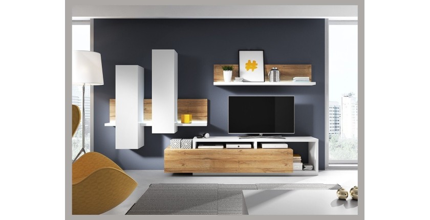 Étagère murale design 150cm Coloris chêne et blanc avec LED. Collection BERGAME.