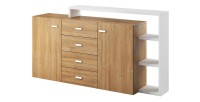Buffet avec étagère intégrée collection BERGAME 180cm. Coloris chêne et blanc.