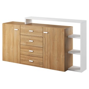 Buffet avec étagère intégrée collection BERGAME 180cm. Coloris chêne et blanc.