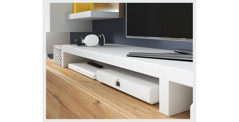 Meuble TV 220cm collection BERGAME. Coloris chêne et blanc.