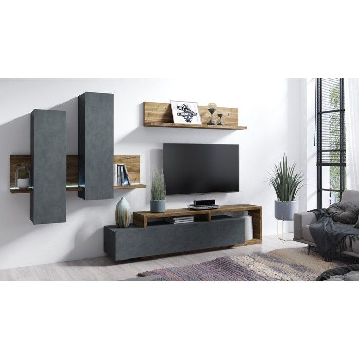 Étagère murale design 150cm Coloris chêne foncé. Collection BERGAME.