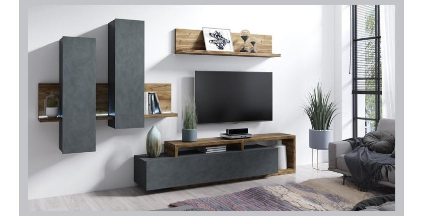 Étagère murale design 150cm Coloris chêne foncé. Collection BERGAME.