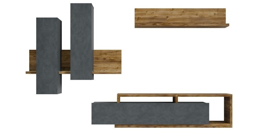 Ensemble meubles de salon avec LED collection BERGAME. Coloris gris et chêne foncé.