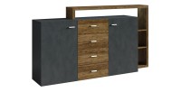 Buffet avec étagère intégrée collection BERGAME 180cm. Coloris gris et chêne foncé.