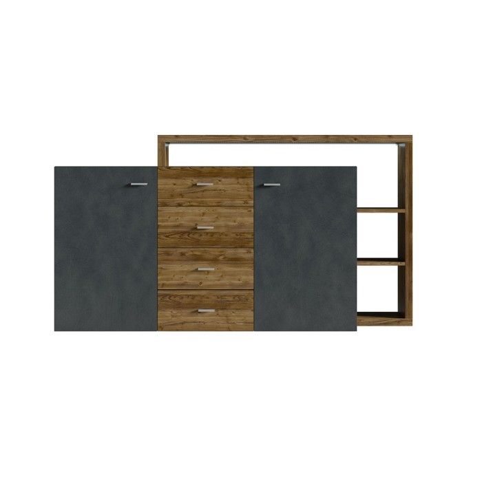 Buffet avec étagère intégrée collection BERGAME 180cm. Coloris gris et chêne foncé.