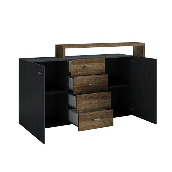 Buffet avec étagère intégrée collection BERGAME 180cm. Coloris gris et chêne foncé.