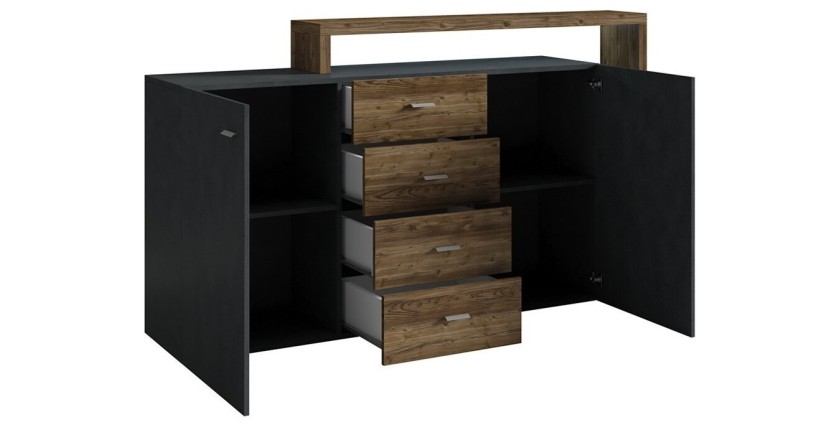 Buffet avec étagère intégrée collection BERGAME 180cm. Coloris gris et chêne foncé.