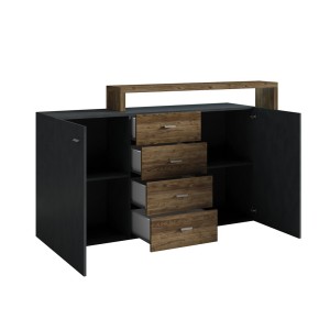 Buffet avec étagère intégrée collection BERGAME 180cm. Coloris gris et chêne foncé.