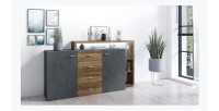 Buffet avec étagère intégrée collection BERGAME 180cm. Coloris gris et chêne foncé.