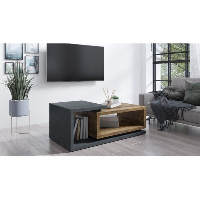 Table basse design collection BERGAME. Coloris gris et chêne foncé. Style design