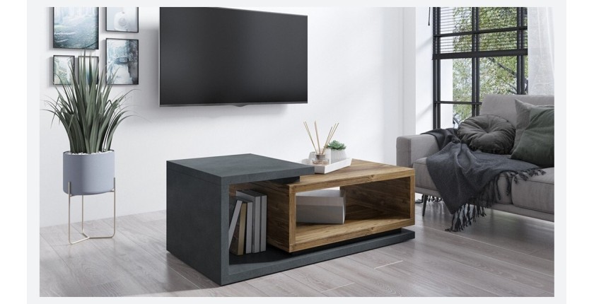 Table basse design collection BERGAME. Coloris gris et chêne foncé. Style design