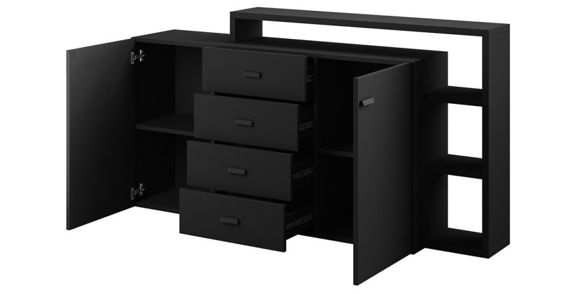 Buffet avec étagère intégrée collection BERGAME 180cm. Coloris noir super mat.