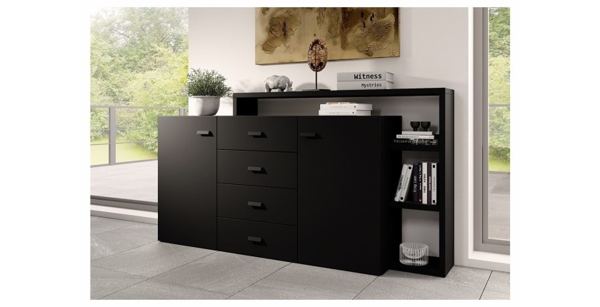 Buffet avec étagère intégrée collection BERGAME 180cm. Coloris noir super mat.