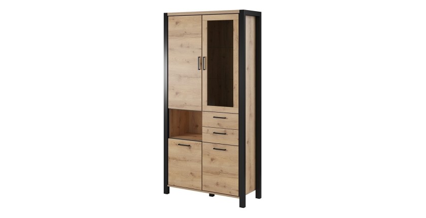 Vitrine haute XL collection BOWIE. Couleur chêne et noir. LED incluses