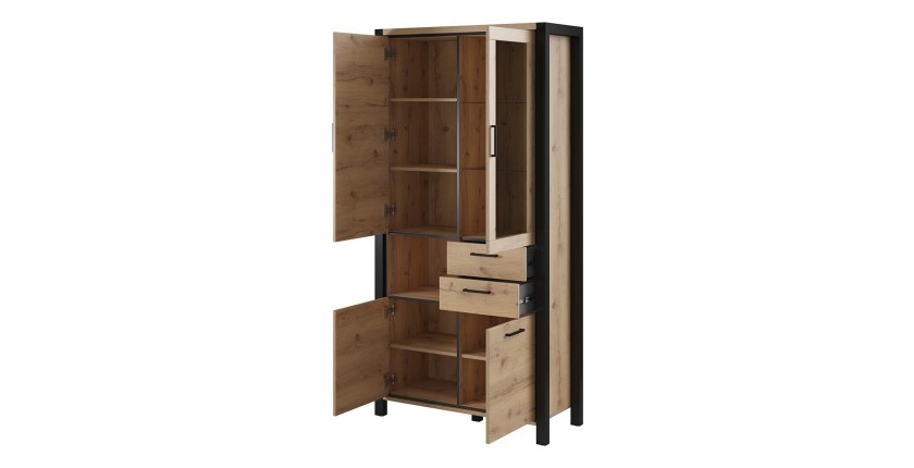 Vitrine haute XL collection BOWIE. Couleur chêne et noir. LED incluses