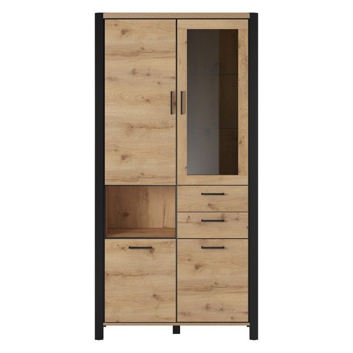 Vitrine haute XL collection BOWIE. Couleur chêne et noir. LED incluses