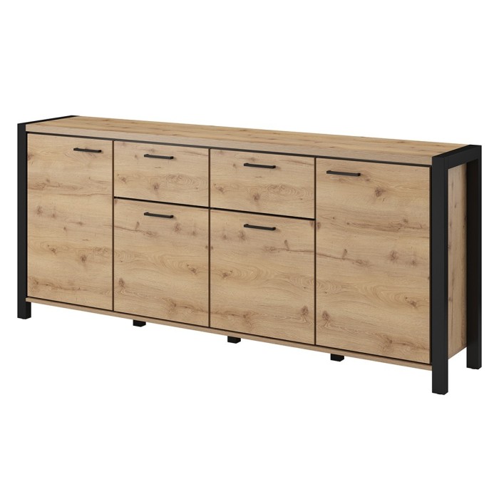 Buffet 210cm collection BOWIE 4 portes, 2 tiroirs. Couleur chêne et noir