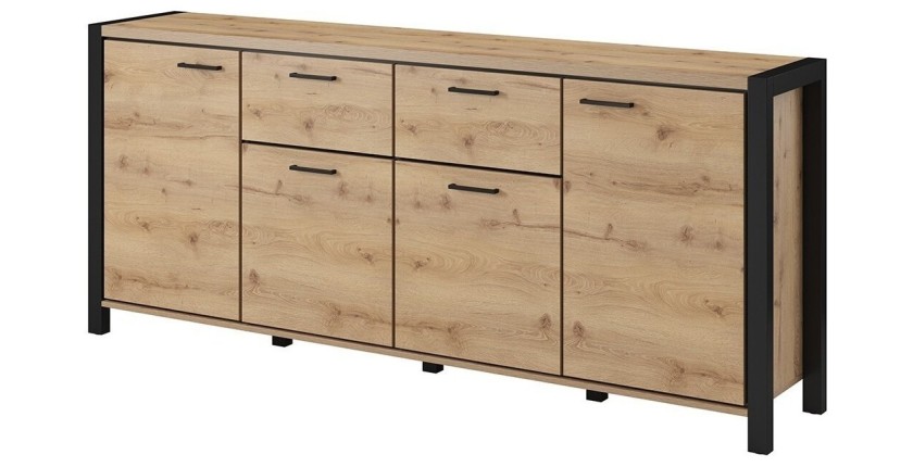 Buffet 210cm collection BOWIE 4 portes, 2 tiroirs. Couleur chêne et noir