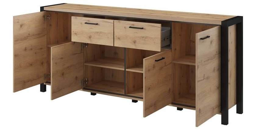 Buffet 210cm collection BOWIE 4 portes, 2 tiroirs. Couleur chêne et noir