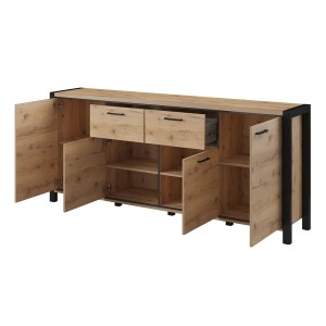 Buffet 210cm collection BOWIE 4 portes, 2 tiroirs. Couleur chêne et noir