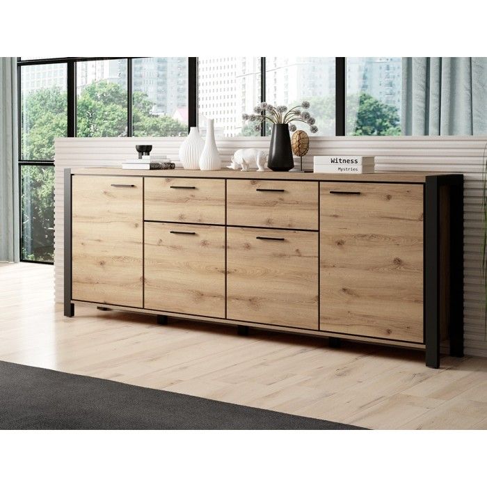 Buffet 210cm collection BOWIE 4 portes, 2 tiroirs. Couleur chêne et noir