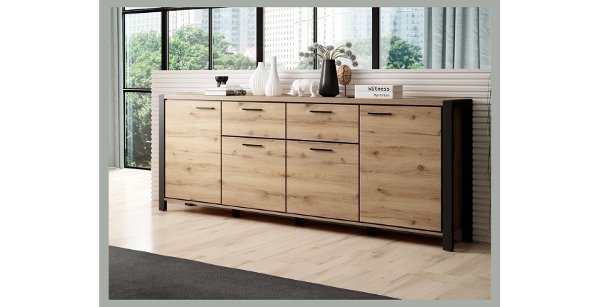 Buffet 210cm collection BOWIE 4 portes, 2 tiroirs. Couleur chêne et noir