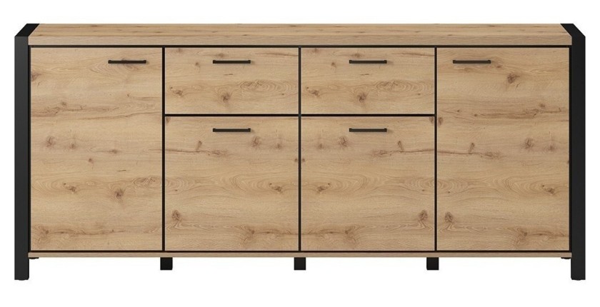 Buffet 210cm collection BOWIE 4 portes, 2 tiroirs. Couleur chêne et noir