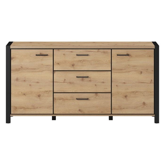 Buffet 180cm collection BOWIE 2 portes, 3 tiroirs. Couleur chêne et noir