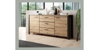 Buffet 180cm collection BOWIE 2 portes, 3 tiroirs. Couleur chêne et noir