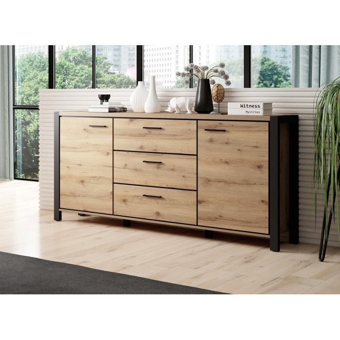 Buffet 180cm collection BOWIE 2 portes, 3 tiroirs. Couleur chêne et noir
