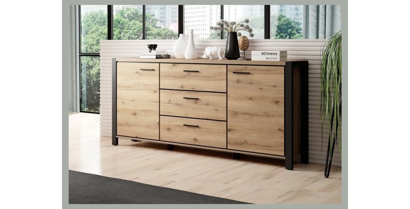Buffet 180cm collection BOWIE 2 portes, 3 tiroirs. Couleur chêne et noir