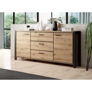Buffet 180cm collection BOWIE 2 portes, 3 tiroirs. Couleur chêne et noir