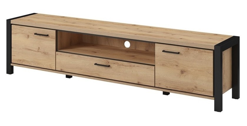 Meuble TV XL 210cm collection BOWIE. Couleur chêne et noir. 2 portes et 1 tiroir.