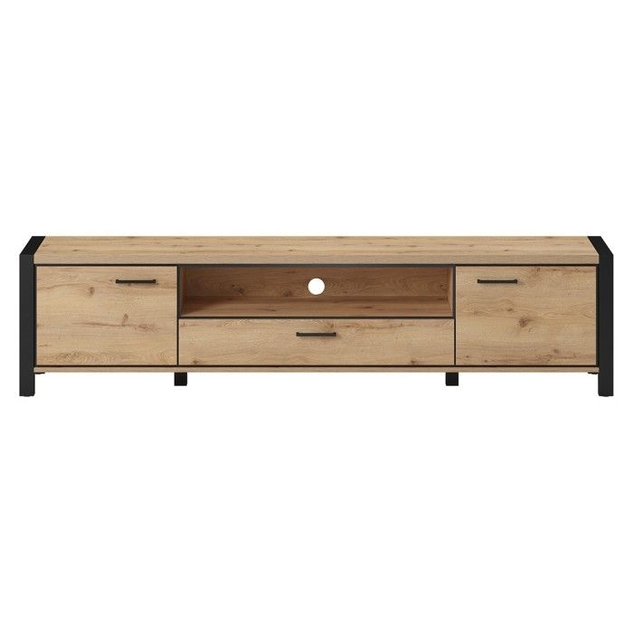 Meuble TV XL 210cm collection BOWIE. Couleur chêne et noir. 2 portes et 1 tiroir.