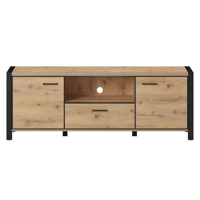 Meuble TV 180cm collection BOWIE. Couleur chêne et noir. 2 portes et 1 tiroir.