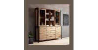 Ensemble buffet et huche avec éclairage LED collection BOWIE. Meuble 4 portes, 3 tiroirs. Couleur chêne et noir