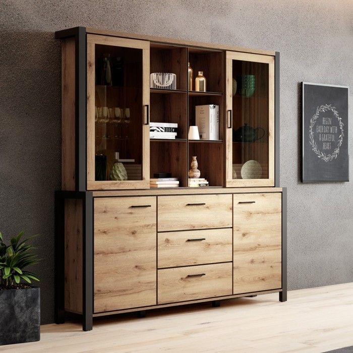 Ensemble buffet et huche avec éclairage LED collection BOWIE. Meuble 4 portes, 3 tiroirs. Couleur chêne et noir