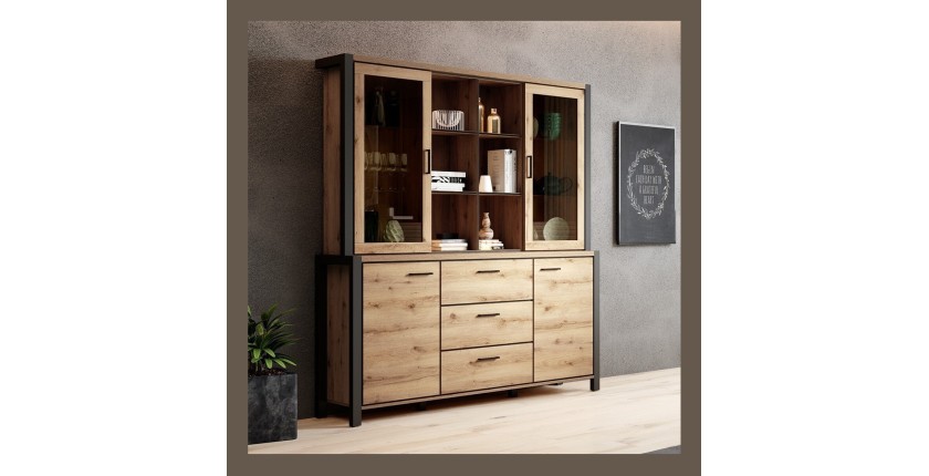 Ensemble buffet et huche avec éclairage LED collection BOWIE. Meuble 4 portes, 3 tiroirs. Couleur chêne et noir