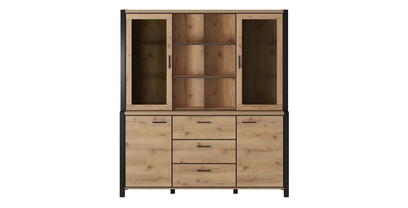 Ensemble buffet et huche avec éclairage LED collection BOWIE. Meuble 4 portes, 3 tiroirs. Couleur chêne et noir