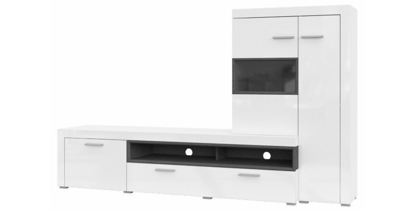 Meuble TV avec vitrine intégrée collection BONO. Couleur blanc et gris anthracite. 4 portes
