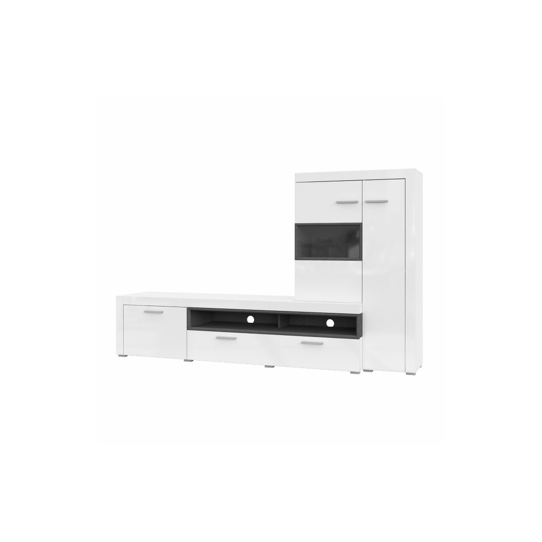 Meuble TV avec vitrine intégrée collection BONO. Couleur blanc et gris anthracite. 4 portes