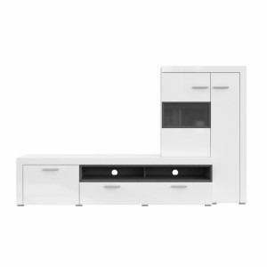 Meuble TV avec vitrine intégrée collection BONO. Couleur blanc et gris anthracite. 4 portes