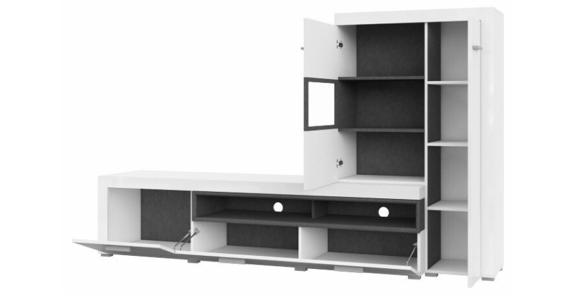 Meuble TV avec vitrine intégrée collection BONO. Couleur blanc et gris anthracite. 4 portes