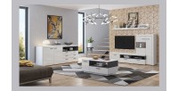 Meuble TV avec vitrine intégrée collection BONO. Couleur blanc et gris anthracite. 4 portes