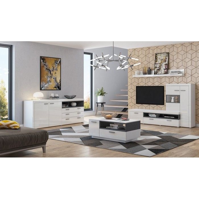Meuble TV avec vitrine intégrée collection BONO. Couleur blanc et gris anthracite. 4 portes