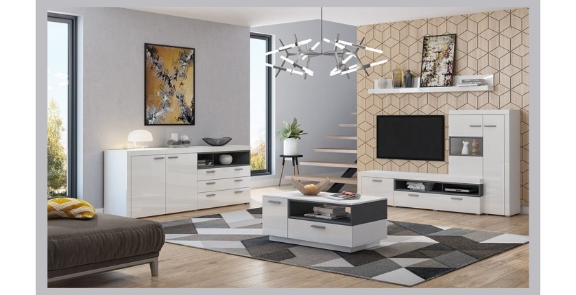 Meuble TV avec vitrine intégrée collection BONO. Couleur blanc et gris anthracite. 4 portes