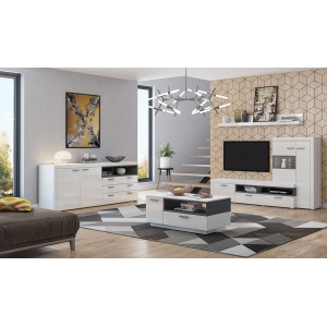 Meuble TV avec vitrine intégrée collection BONO. Couleur blanc et gris anthracite. 4 portes