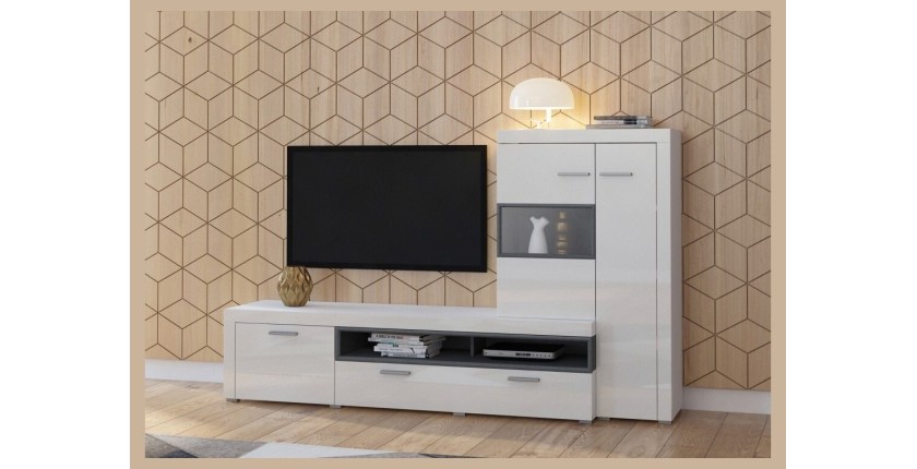 Meuble TV avec vitrine intégrée collection BONO. Couleur blanc et gris anthracite. 4 portes